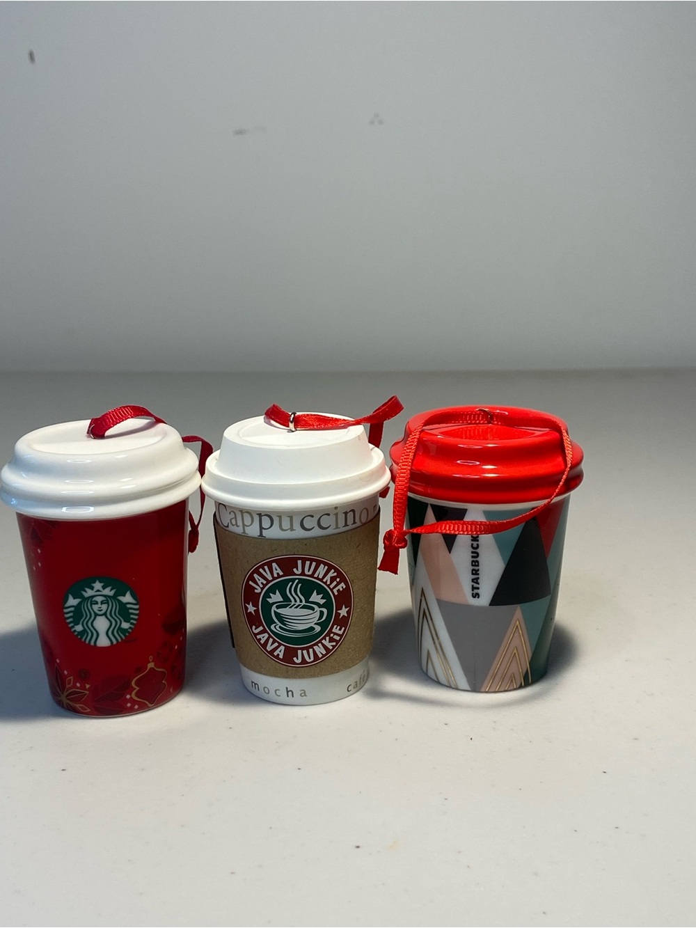 Starbucks Holiday Mini Cup Ornament Trio in Red, White, and Brown